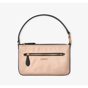 Burberry Nylon Leather Trim Zip Top Handle Pouch Rose Beige 8111263